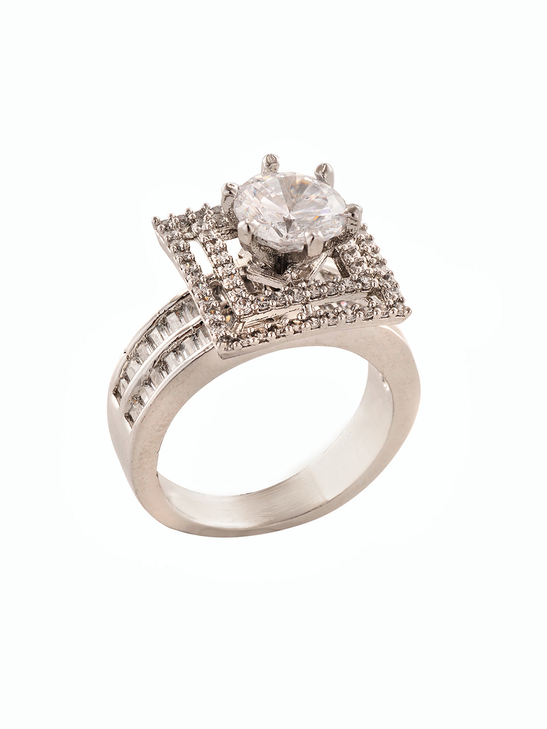Silver Toned White AD Studded Solitaire Square Finger Ring